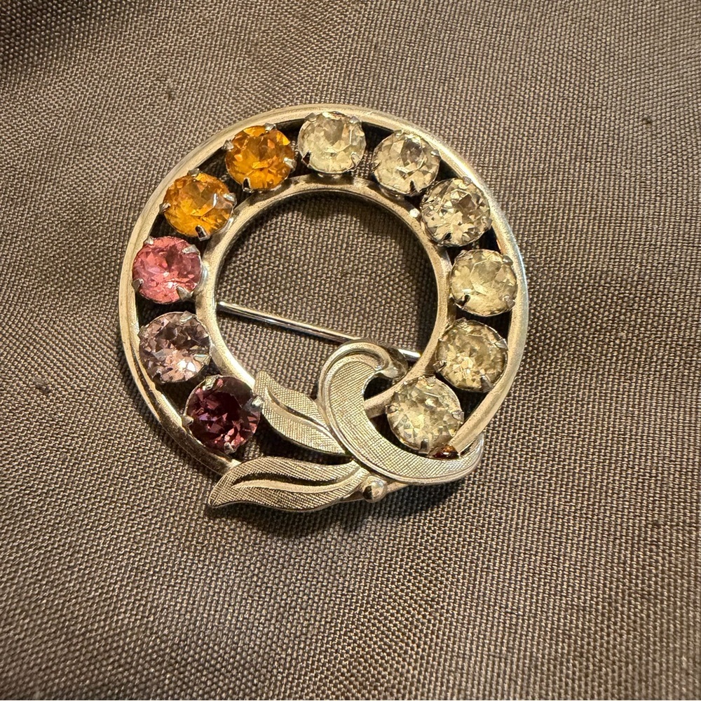 VAN DELL 925 Sterling Silver Vintage MultiColor Rhinestone Wreath Brooch Pin